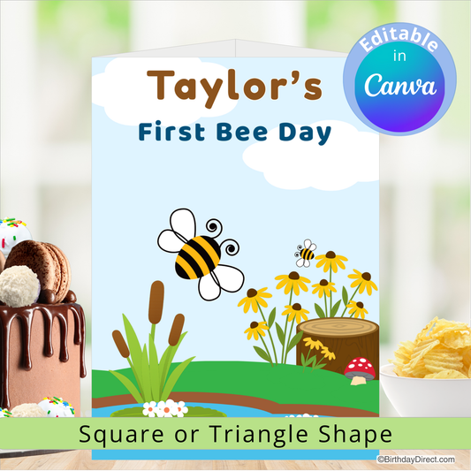 Birthday centerpiece decoration 'Taylor's First Bee Day' with a bee, flowers, and cake illustration.