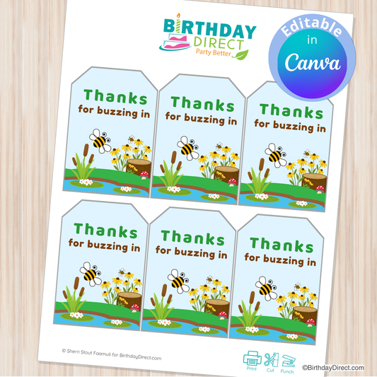 Set of printable gift tags with bee design and 'Thanks for buzzing in' text on a white background.