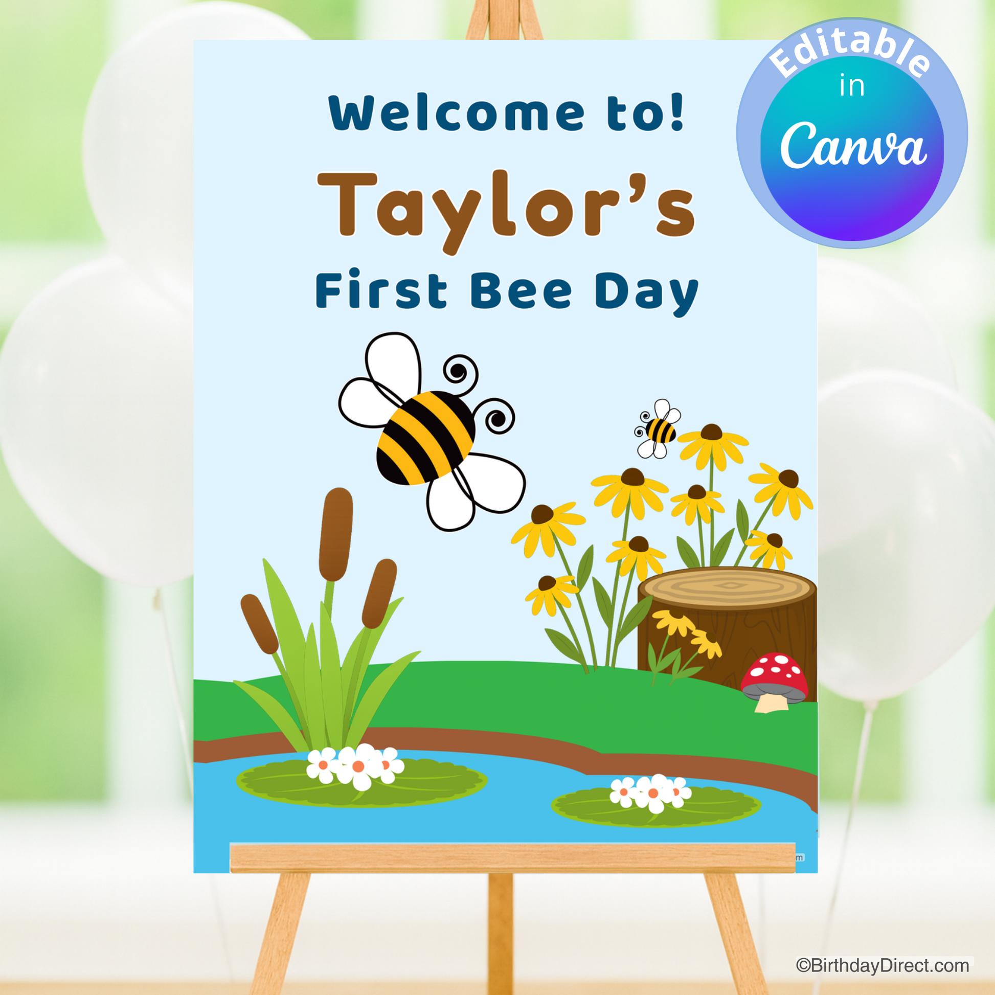 Children's birthday party poster with a bee theme on a white background