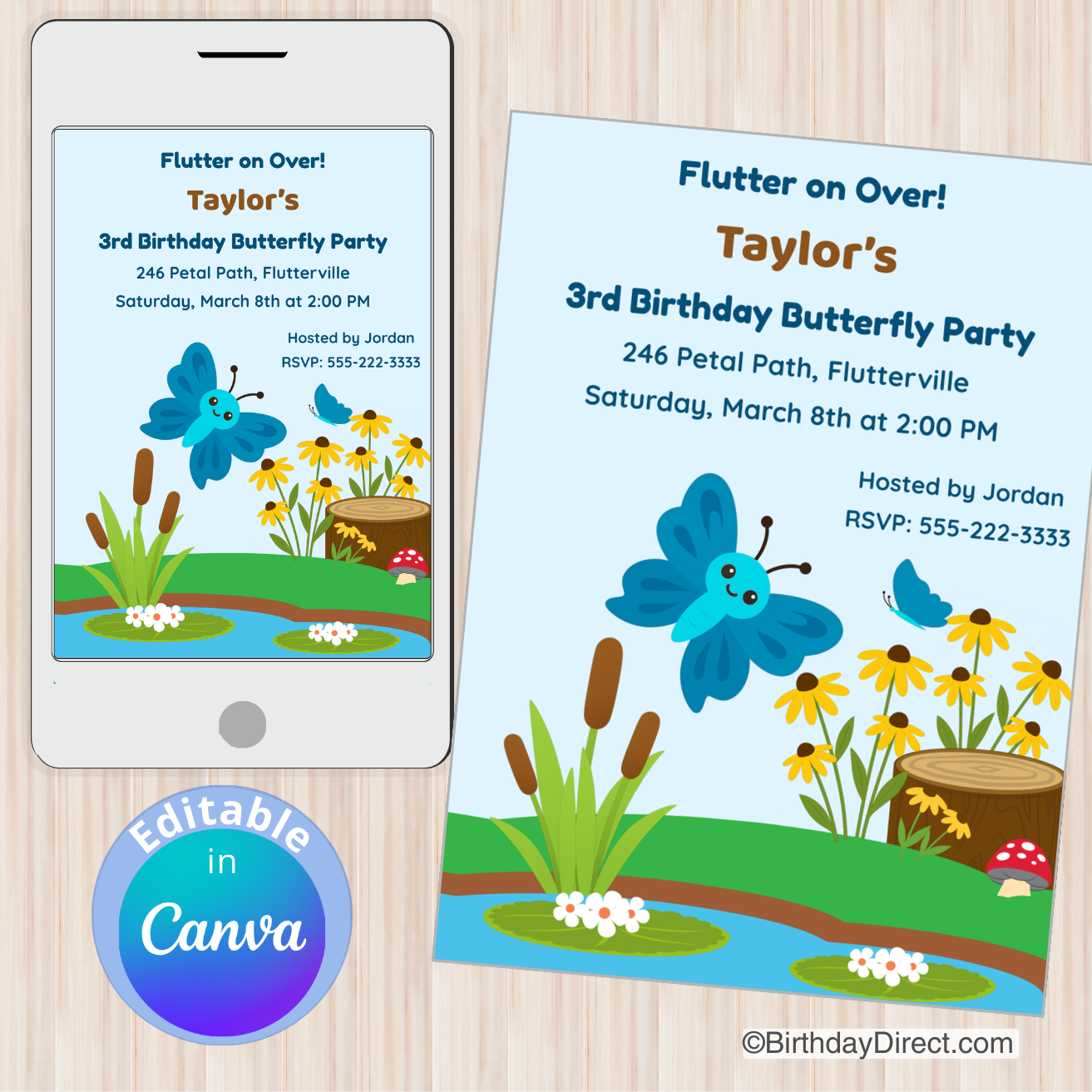 Butterfly birthday party invitation on a phone and paper with 'Editable in Canva' label.