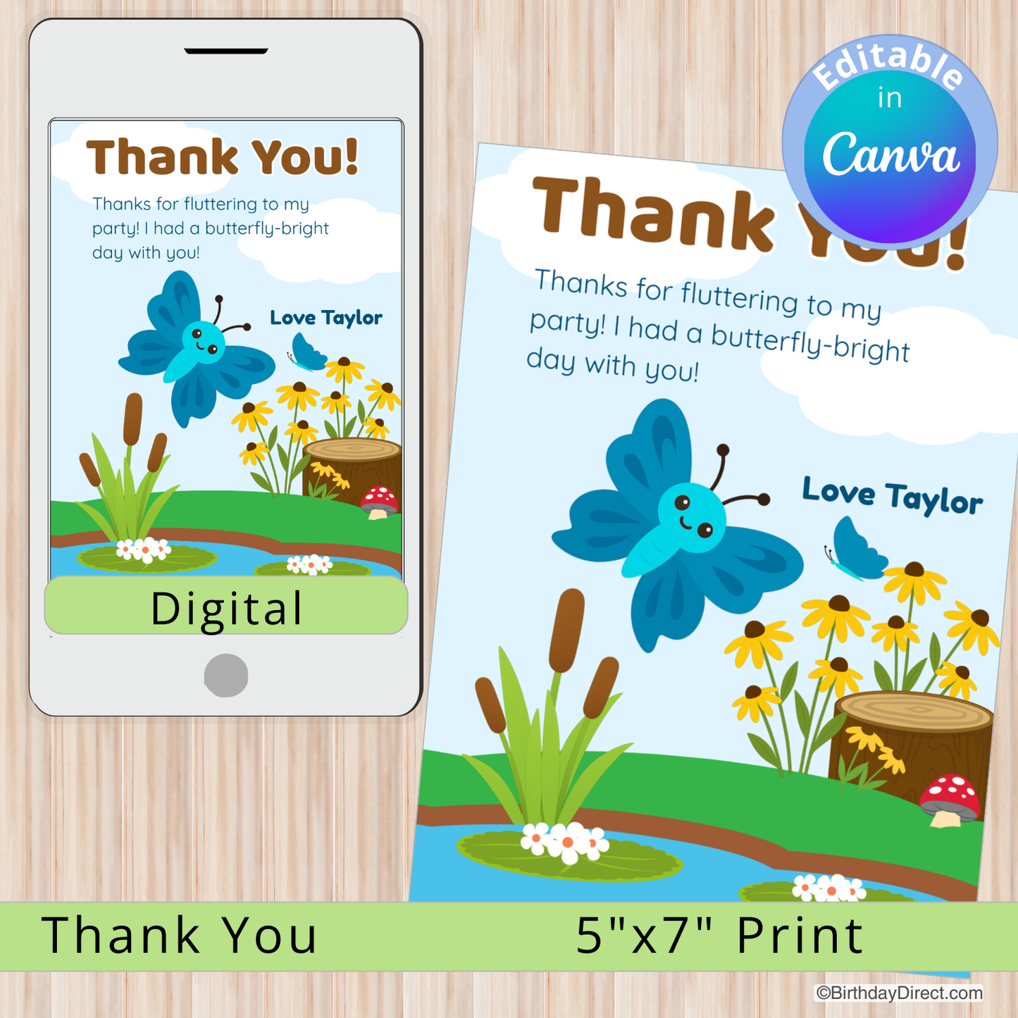 Digital and print versions of a butterfly-themed thank you card on a wooden surface.