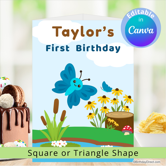 Birthday centerpiece decoration, butterfly design, and editable text for 'Taylor's First Birthday' in Canva.