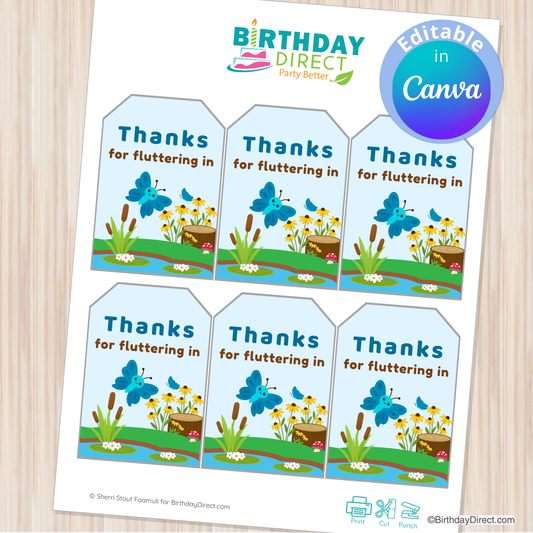 Sheet of 'Thanks for fluttering in' birthday party favor tags with butterfly design, branded by Birthday Direct.