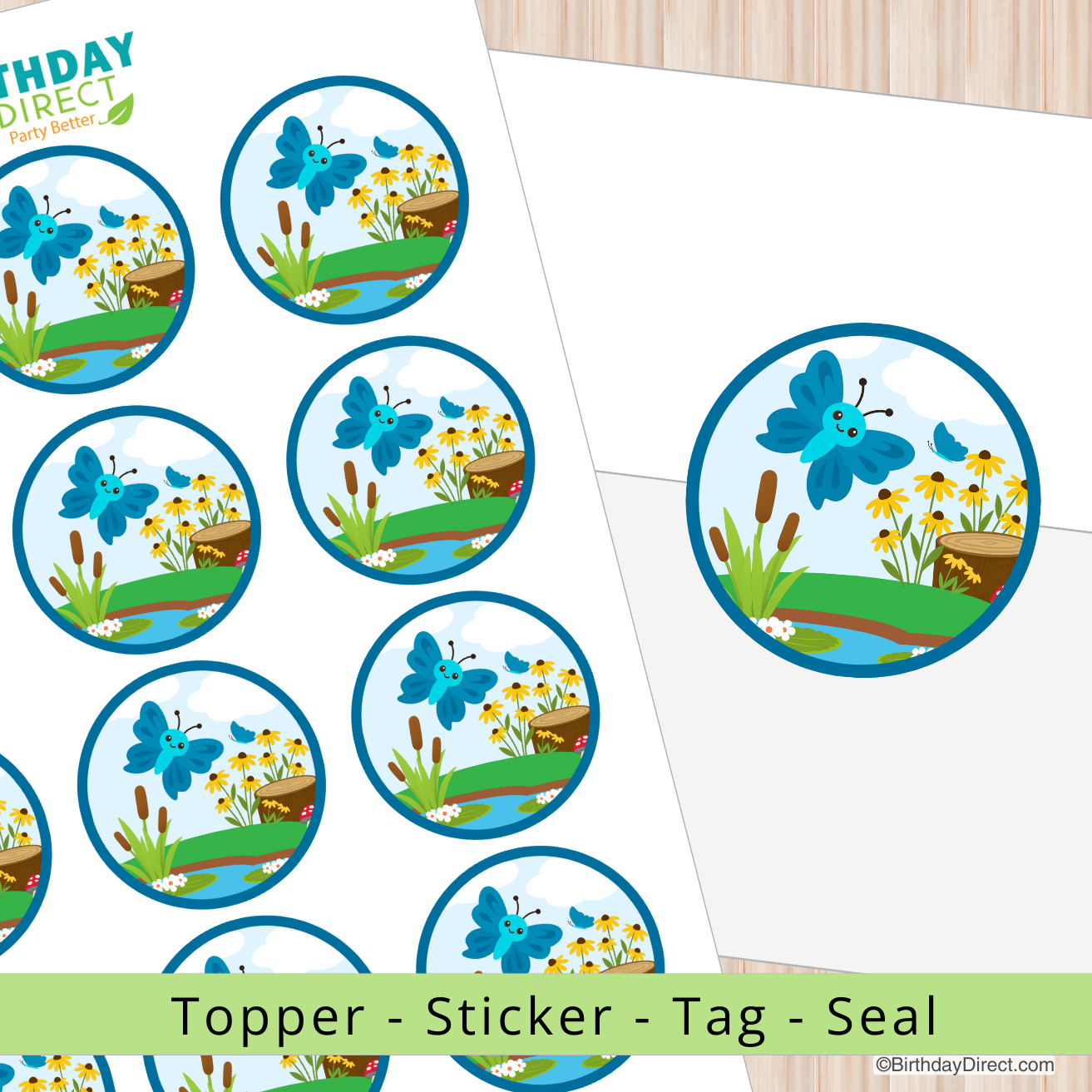 Butterfly-themed stickers with flowers and a pond on a white background, featuring Birthday Direct branding.