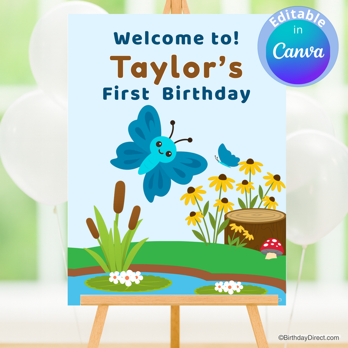 Birthday poster card with a blue butterfly, flowers, and a pond on a white background