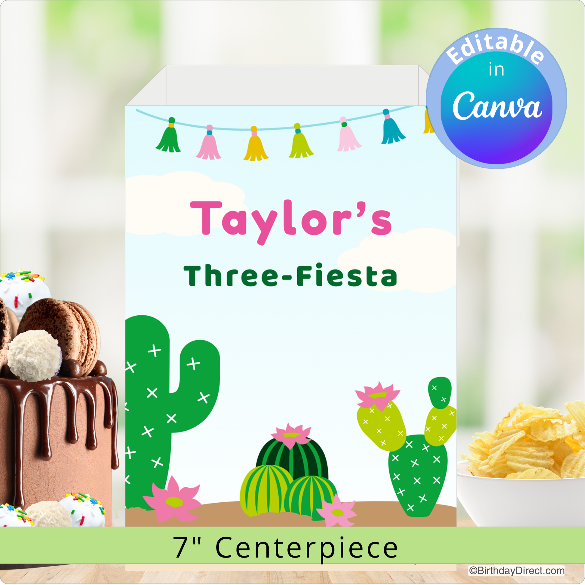 Fiesta-themed centerpiece with cacti and text 'Taylor's Three-Fiesta' on a blurred background of food.