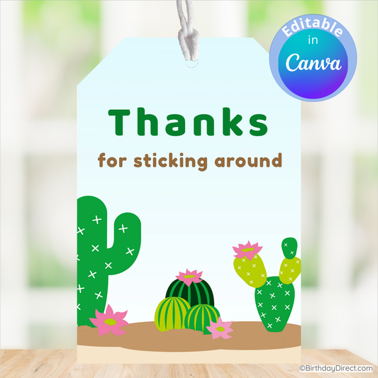 Card with cactus illustrations and text 'Thanks for sticking around' on a blurred background