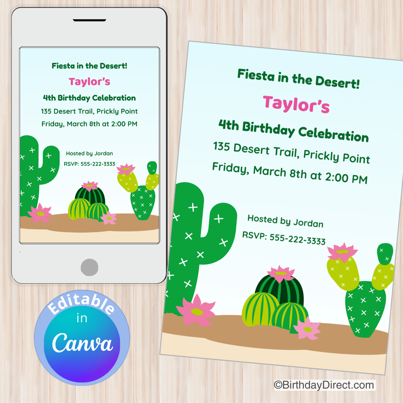 Birthday invitation with cactus design on a phone and paper, featuring 'Fiesta in the Desert' theme.