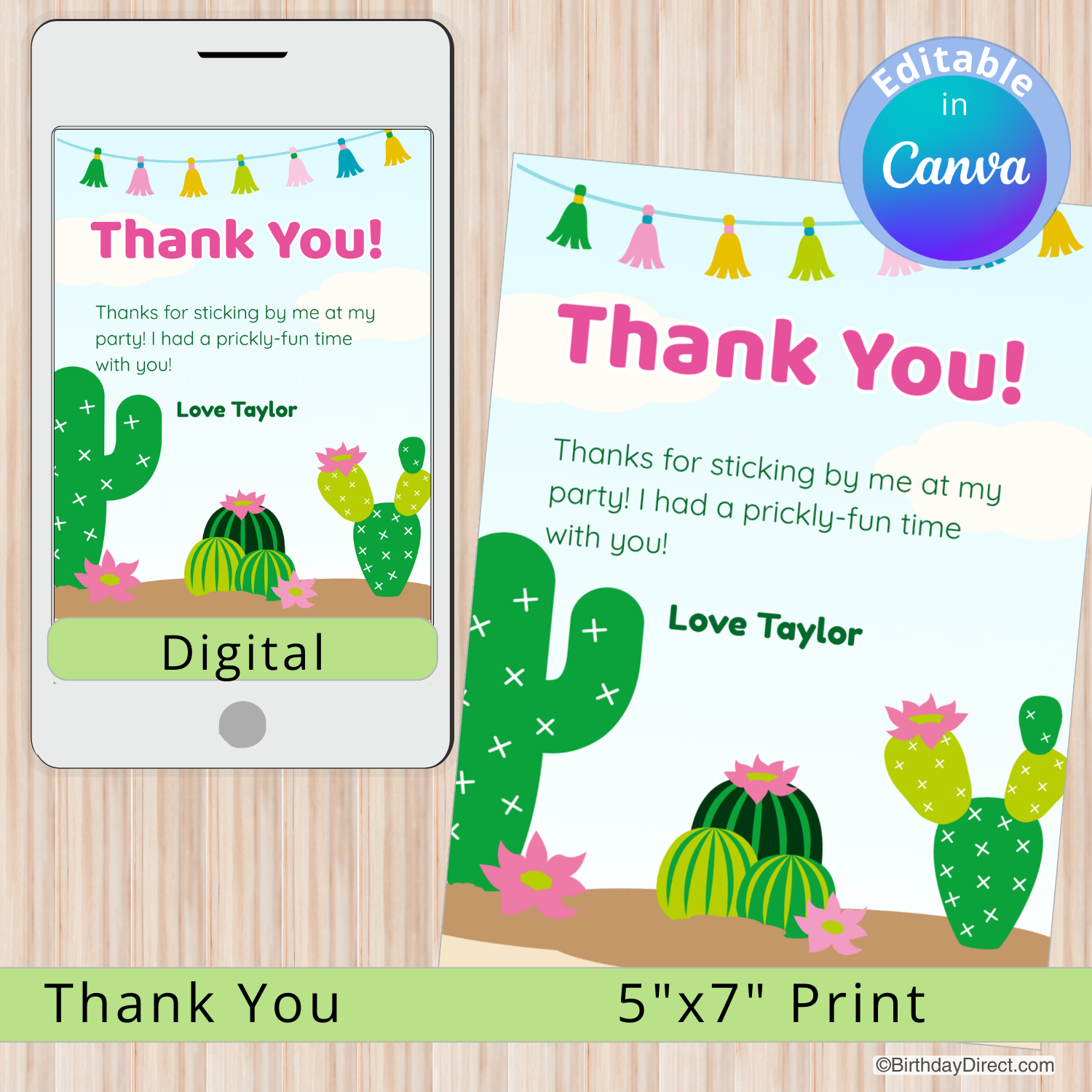 Digital and print thank you cards with cactus design on a wooden surface