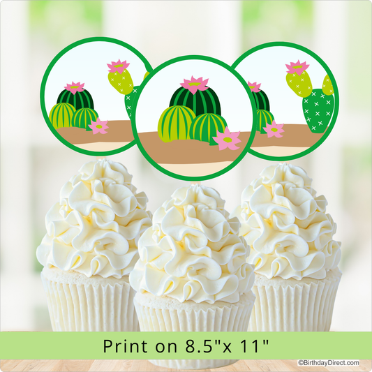 Cupcakes with white frosting and cactus design on top, with a green border and text indicating print size.