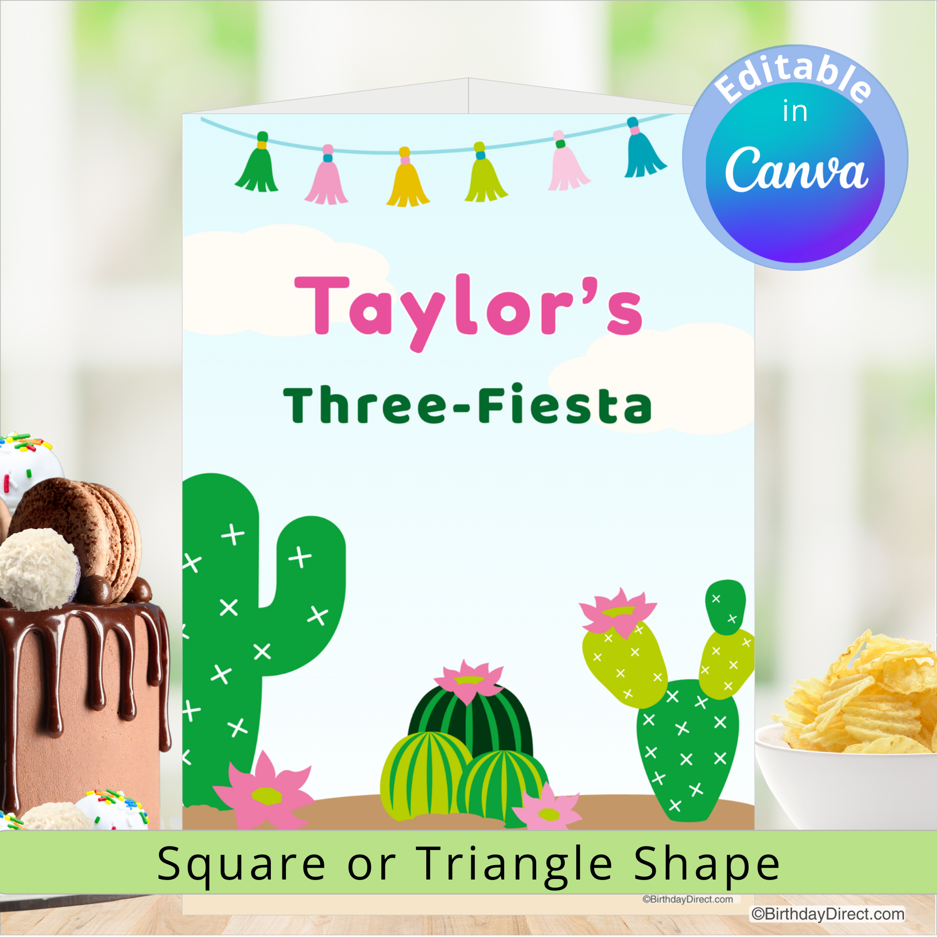 Birthday centerpiece decoration for a themed party with cacti and colorful decorations, featuring the text 'Taylor's Three-Fiesta'.