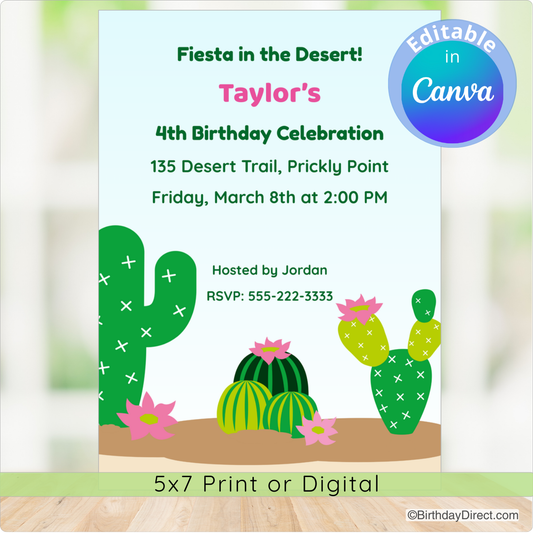 Birthday invitation with cacti design and editable text feature