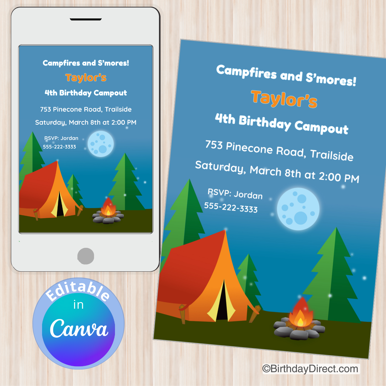 Birthday campout invitation with tent, campfire, and trees on a smartphone and paper.