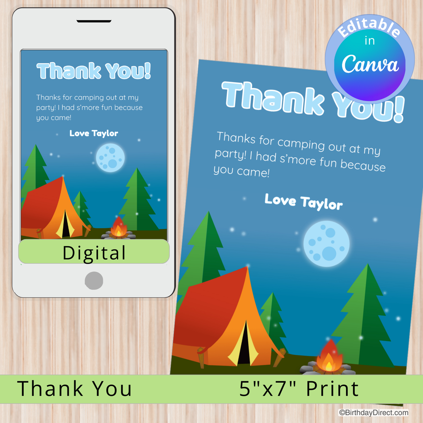 Camping-themed thank you card with digital and print options on a wooden surface.