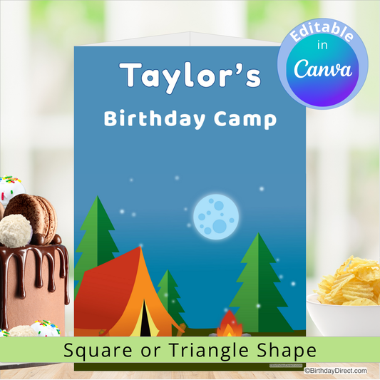 Birthday centerpiece decoration with camping theme, cake, and chips on a table.