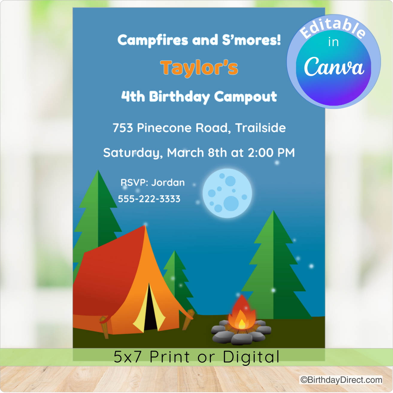 Birthday invitation for a campout with a tent, campfire, and moon on a blue background.