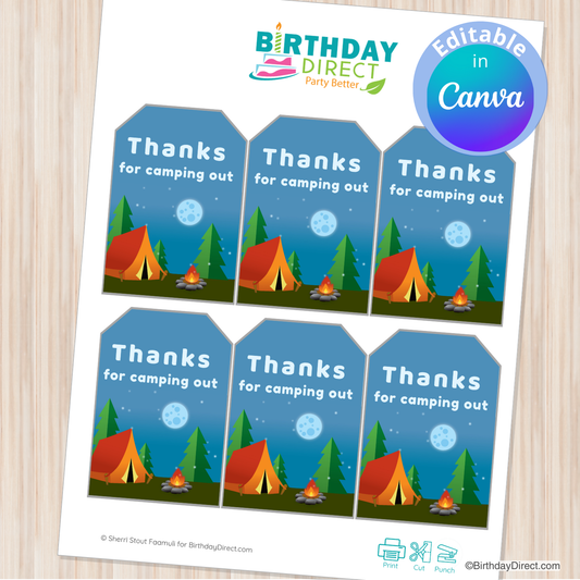 Set of 'Thanks for camping out' tags with tents and campfires on a blue background, from Birthday Direct.