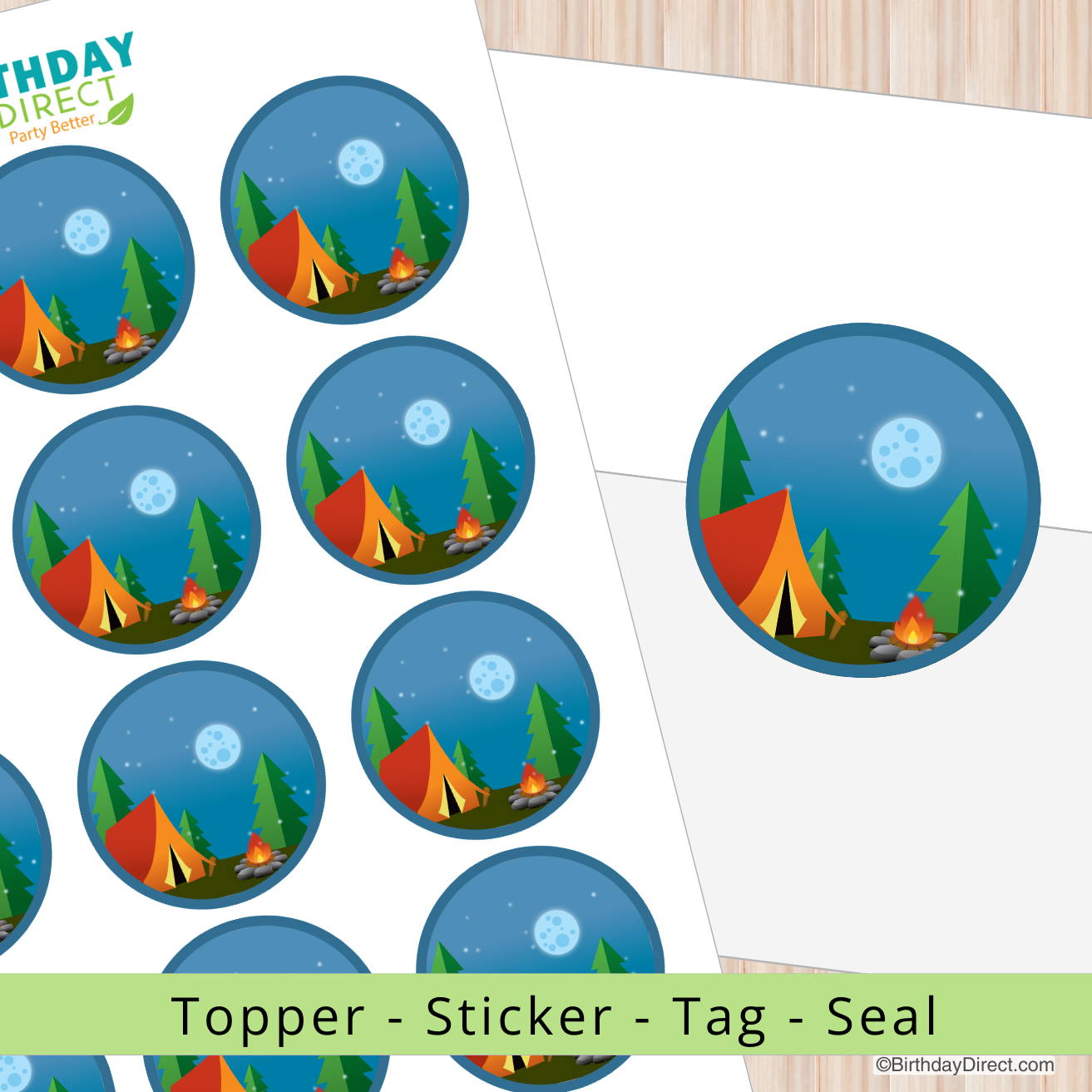 Camping-themed stickers with tents, trees, and moon on a white background.