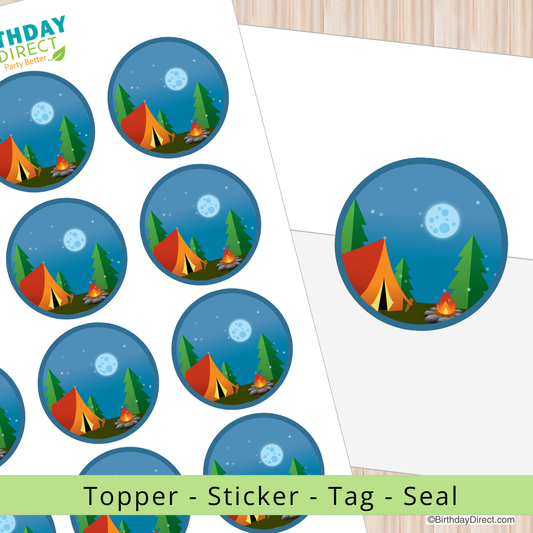 Camping-themed stickers with tents, trees, and moon on a white background.