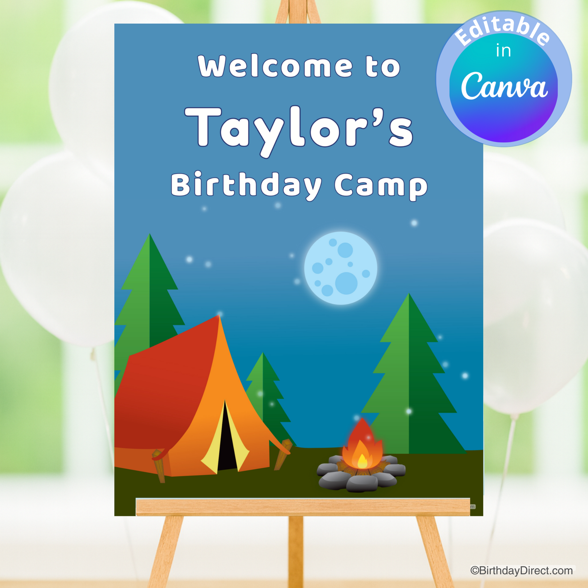 Birthday party poster with a camping theme featuring a tent, campfire, and moon on a blue background.