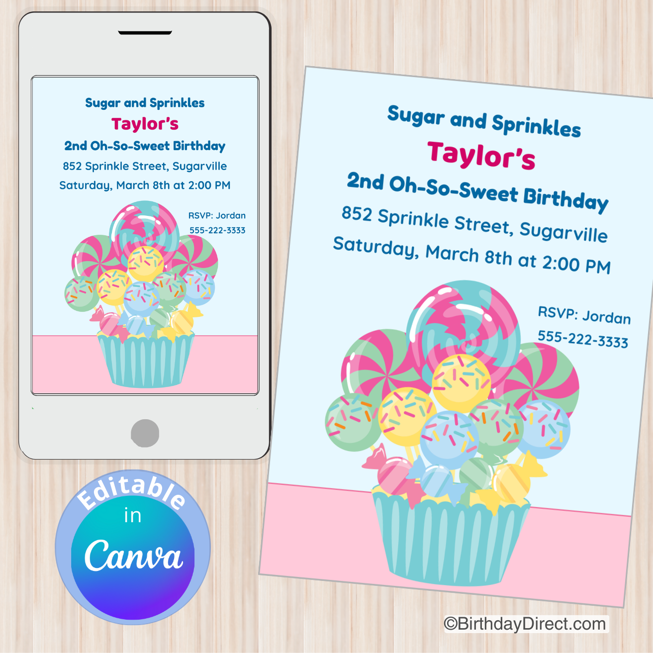 Birthday invitation card with colorful candy design on a phone screen