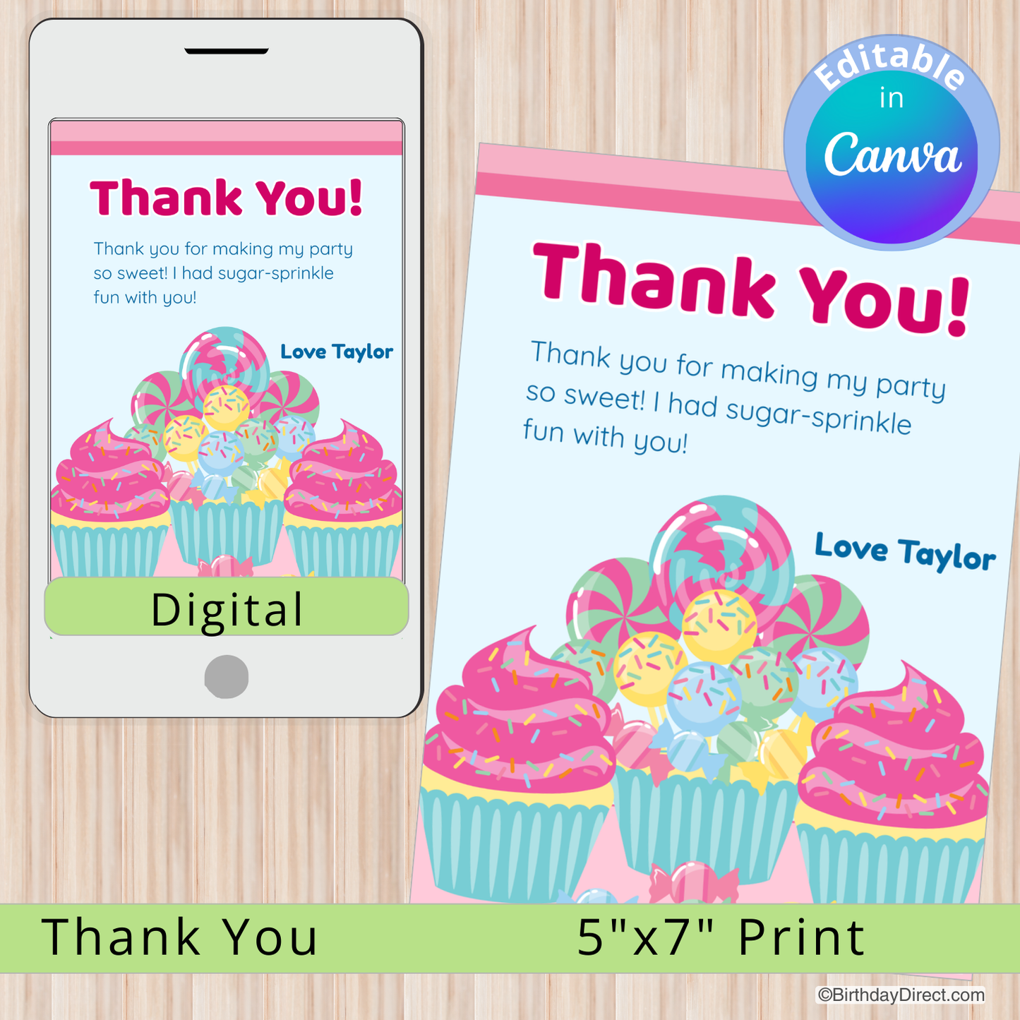 Digital and print thank you card with cupcakes on a wooden surface