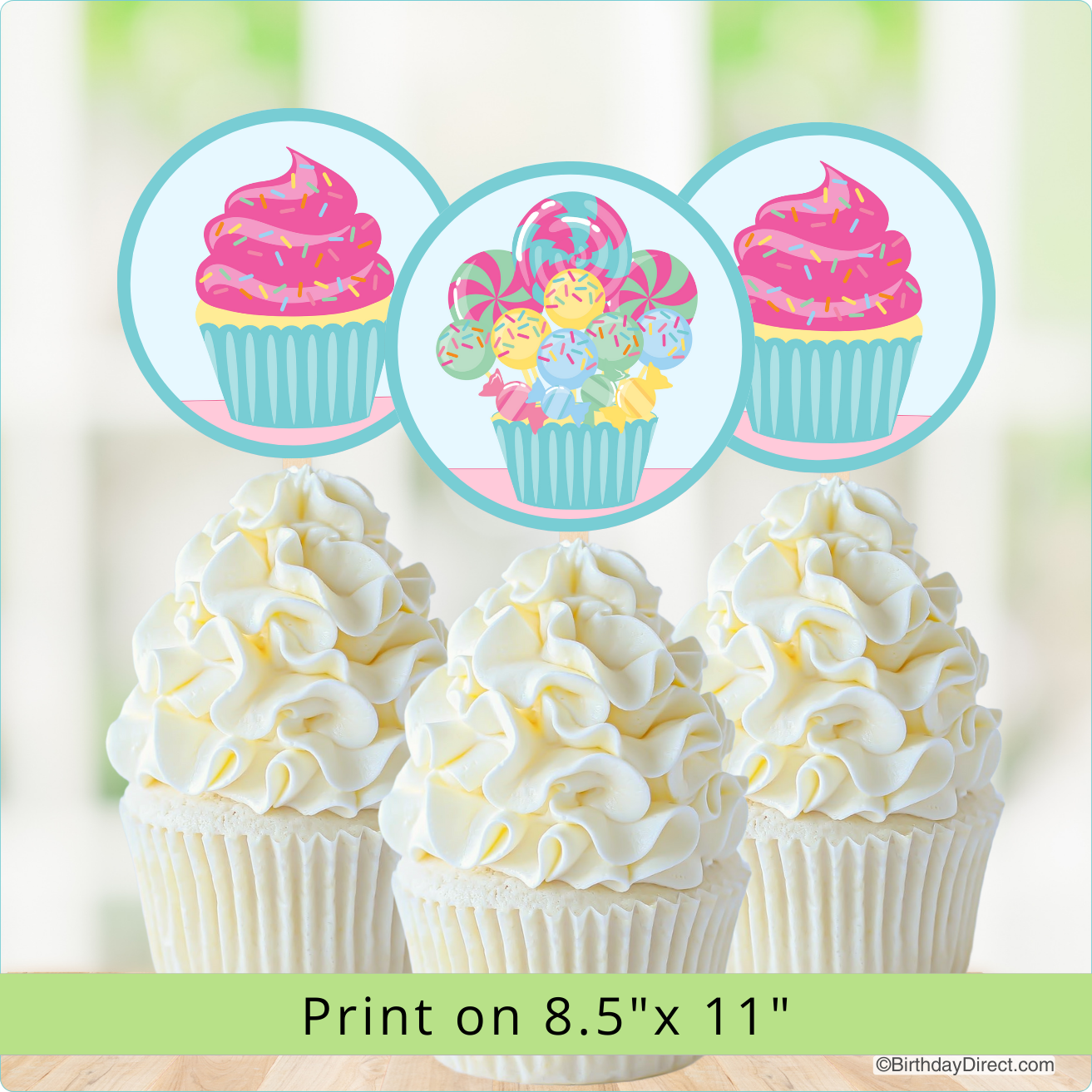Decorative cupcakes with colorful frosting and sprinkles on a light background.