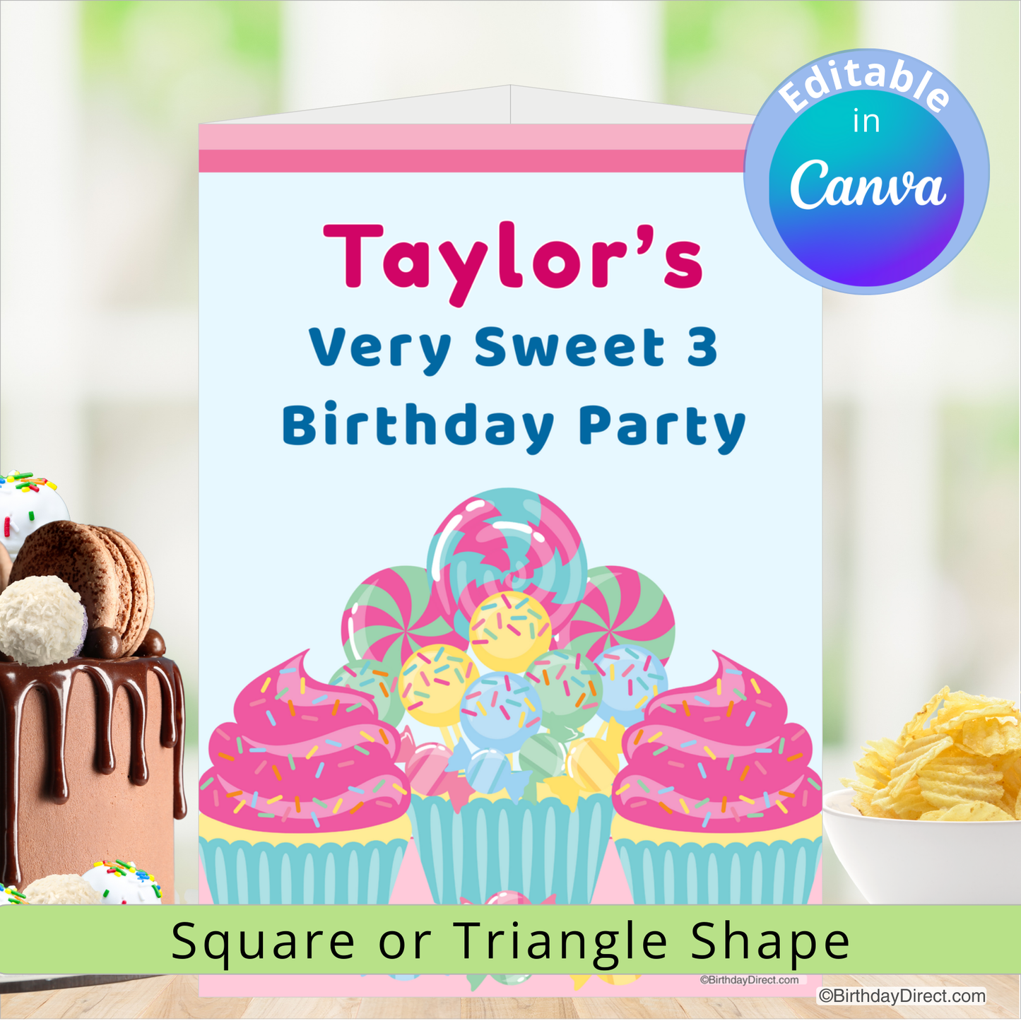 Birthday centerpiece decoration with colorful cupcakes and text 'Taylor's Very Sweet 3 Birthday Party' on a blurred background.