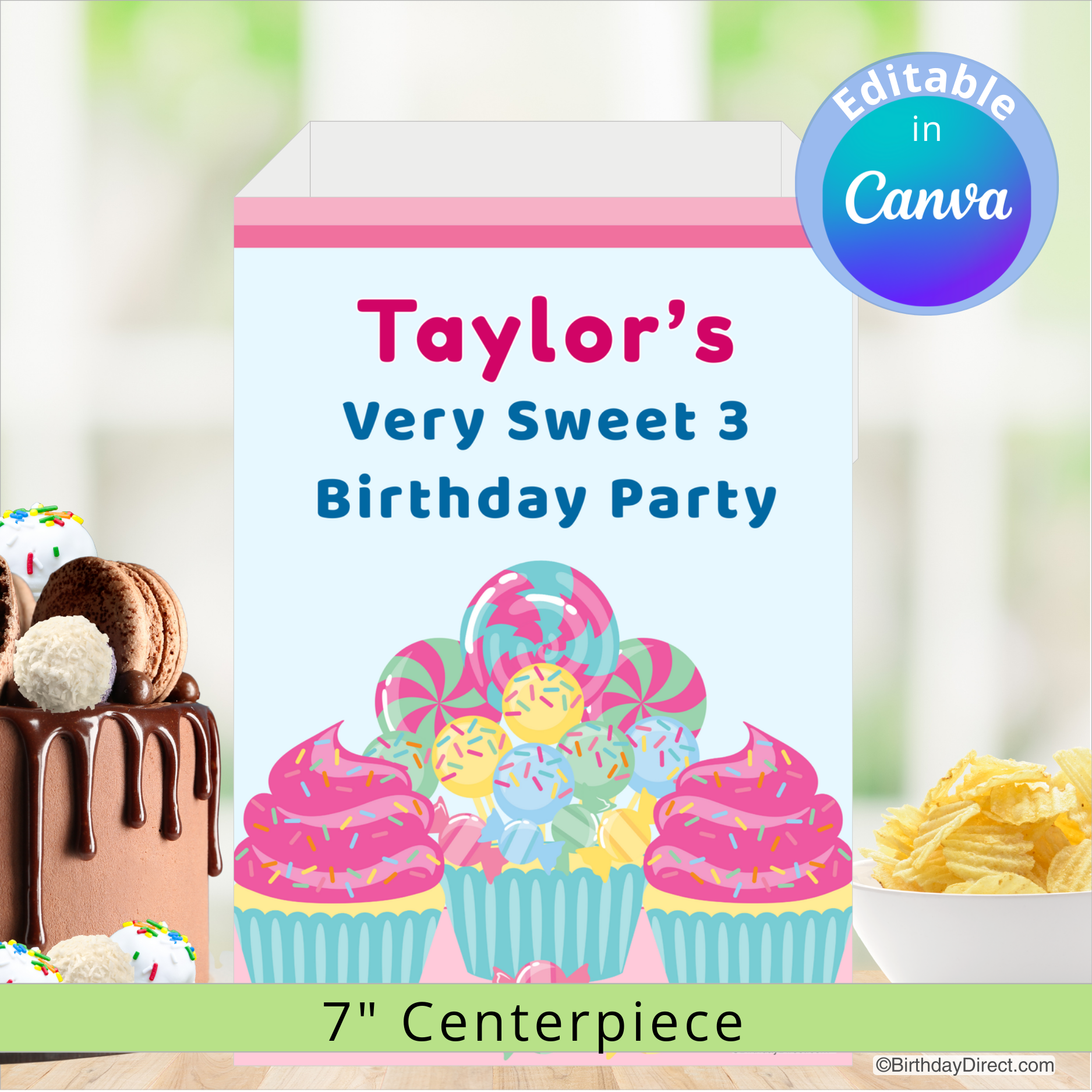 Personalized birthday party centerpiece with cupcakes and editable text in Canva.