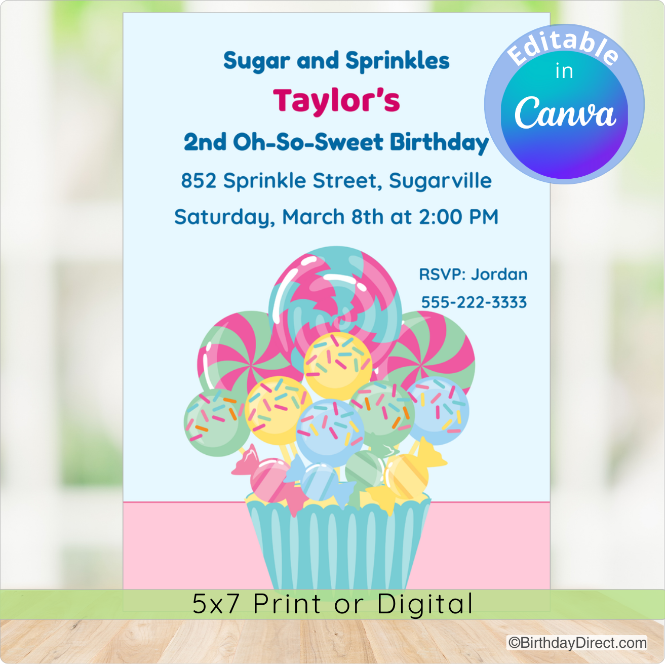 Birthday invitation card with colorful candies and a cupcake design on a light blue background.