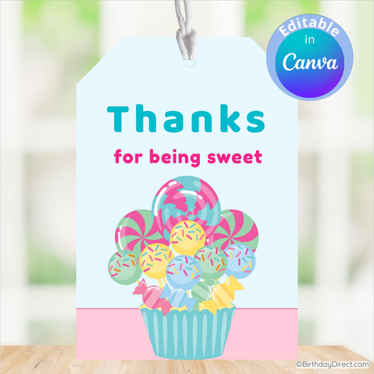 Decorative tag with colorful candy illustration and 'Thanks for being sweet' text on a light blue background.