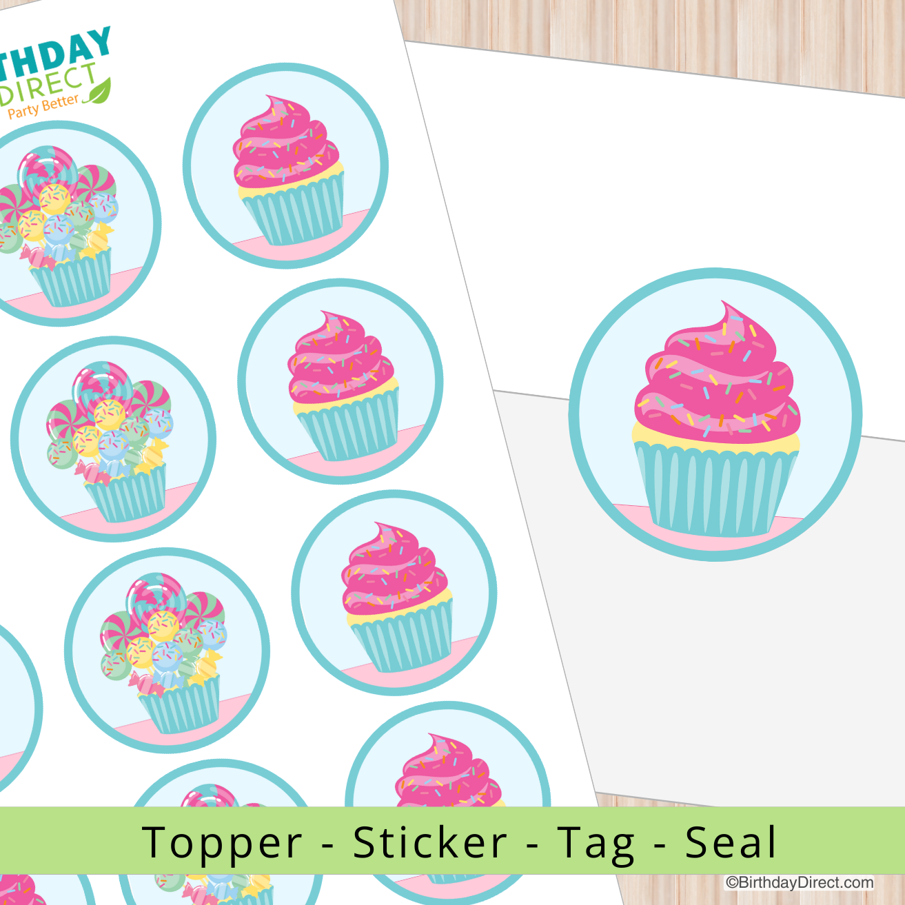 Cupcake-themed topper, sticker, tag, and seal with 'Birthday Direct' branding on a white background.