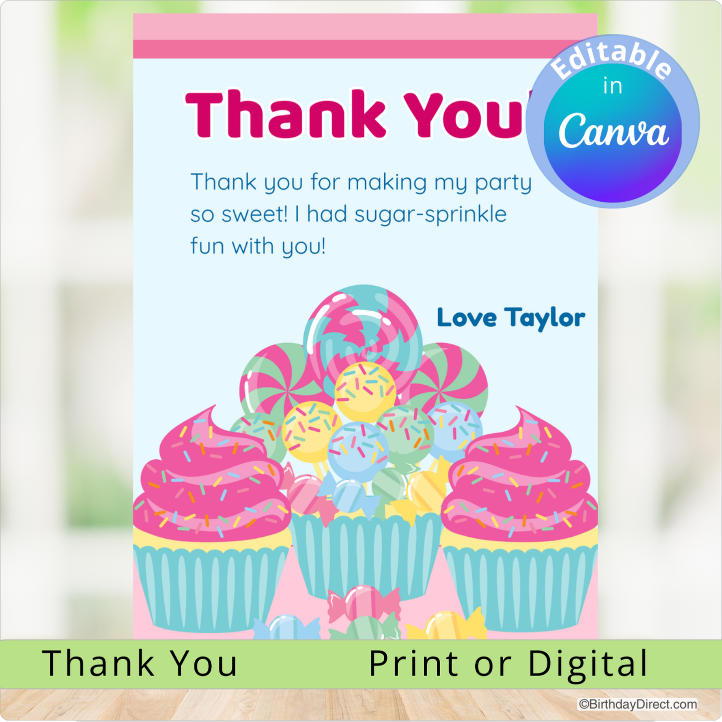 Thank you card with colorful cupcakes and editable text feature on a light background