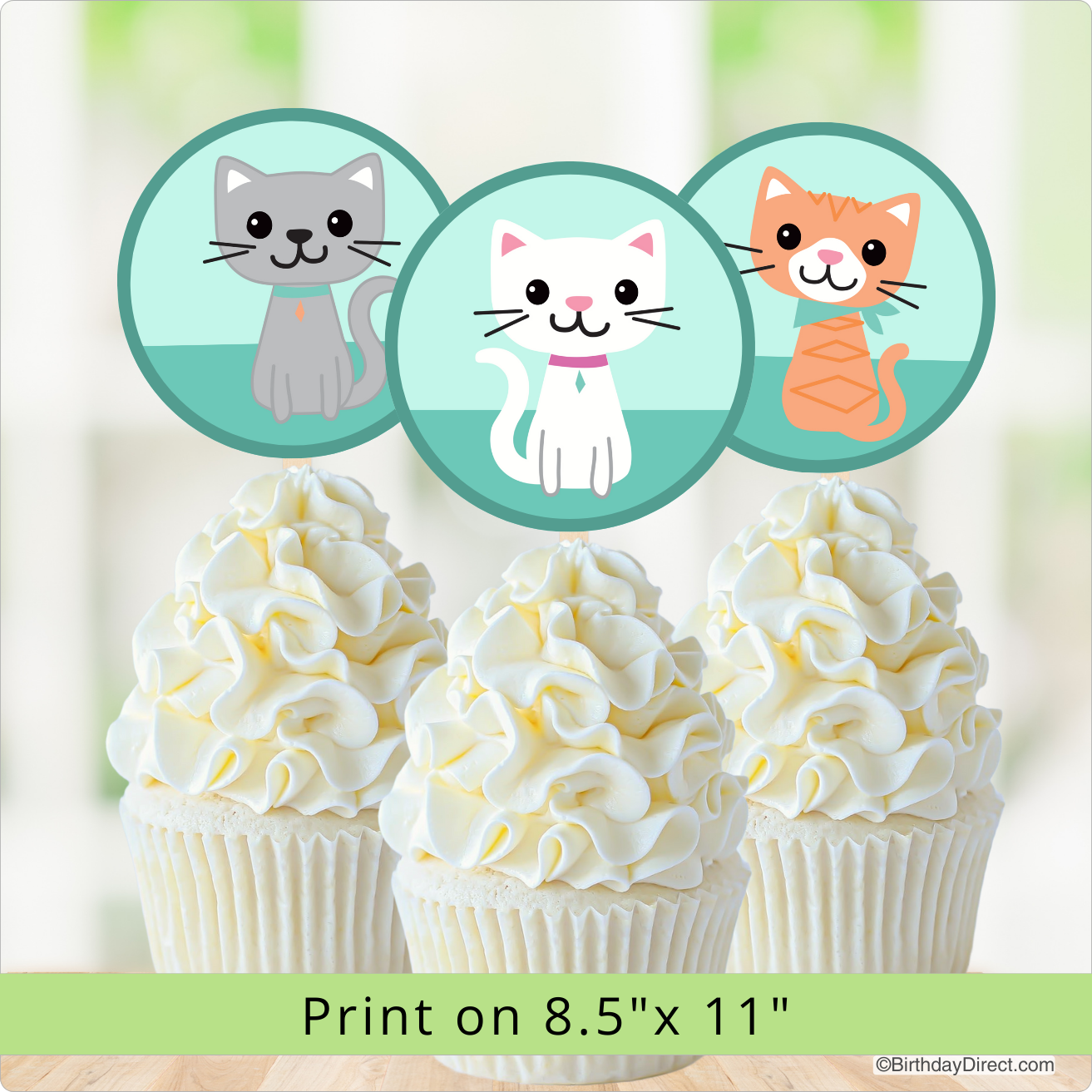 Cupcakes with cat illustrations above them on a light background