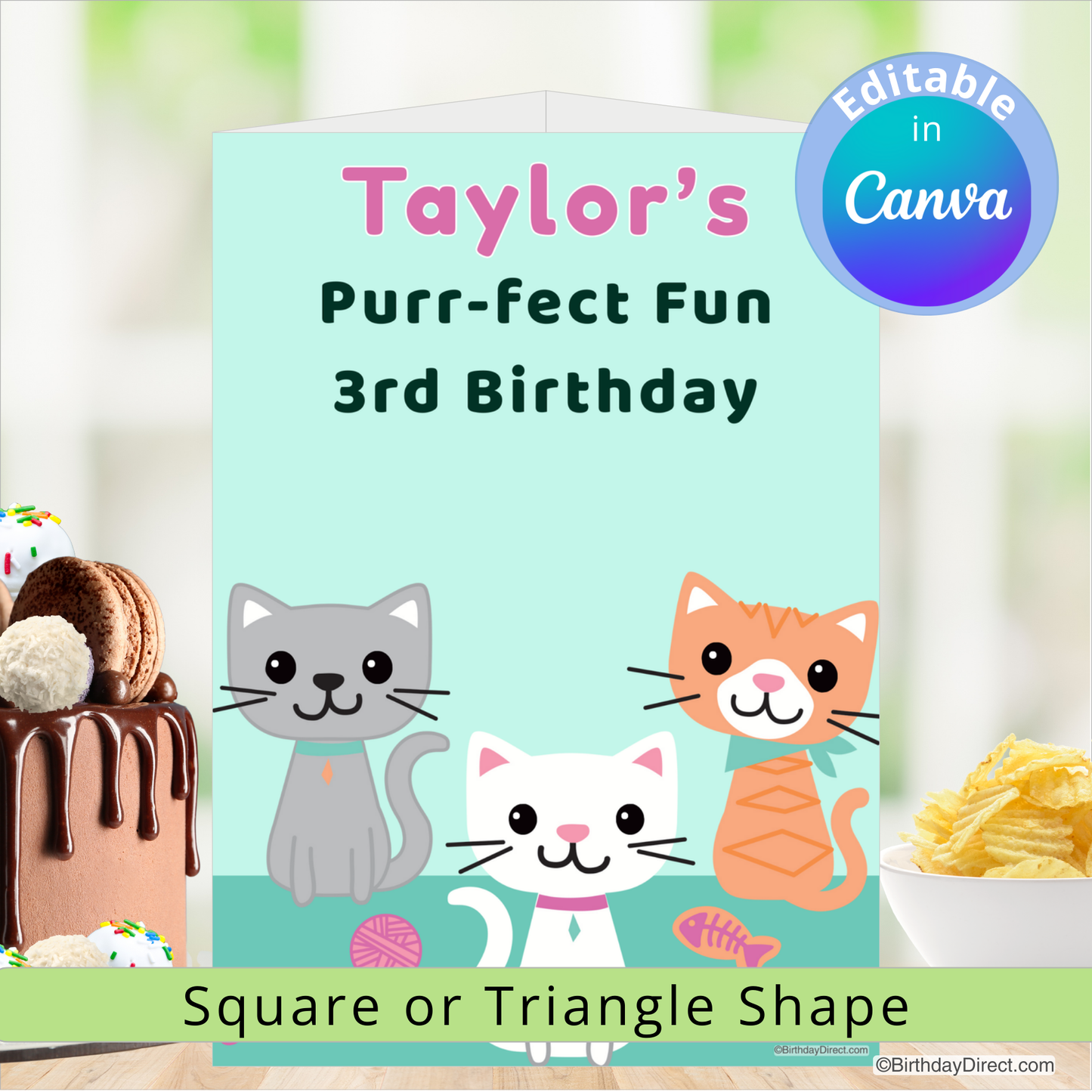 Birthday centerpiece decoration with cats and editable text for Taylor's 3rd birthday, featuring a cake and snacks on a blurred background.