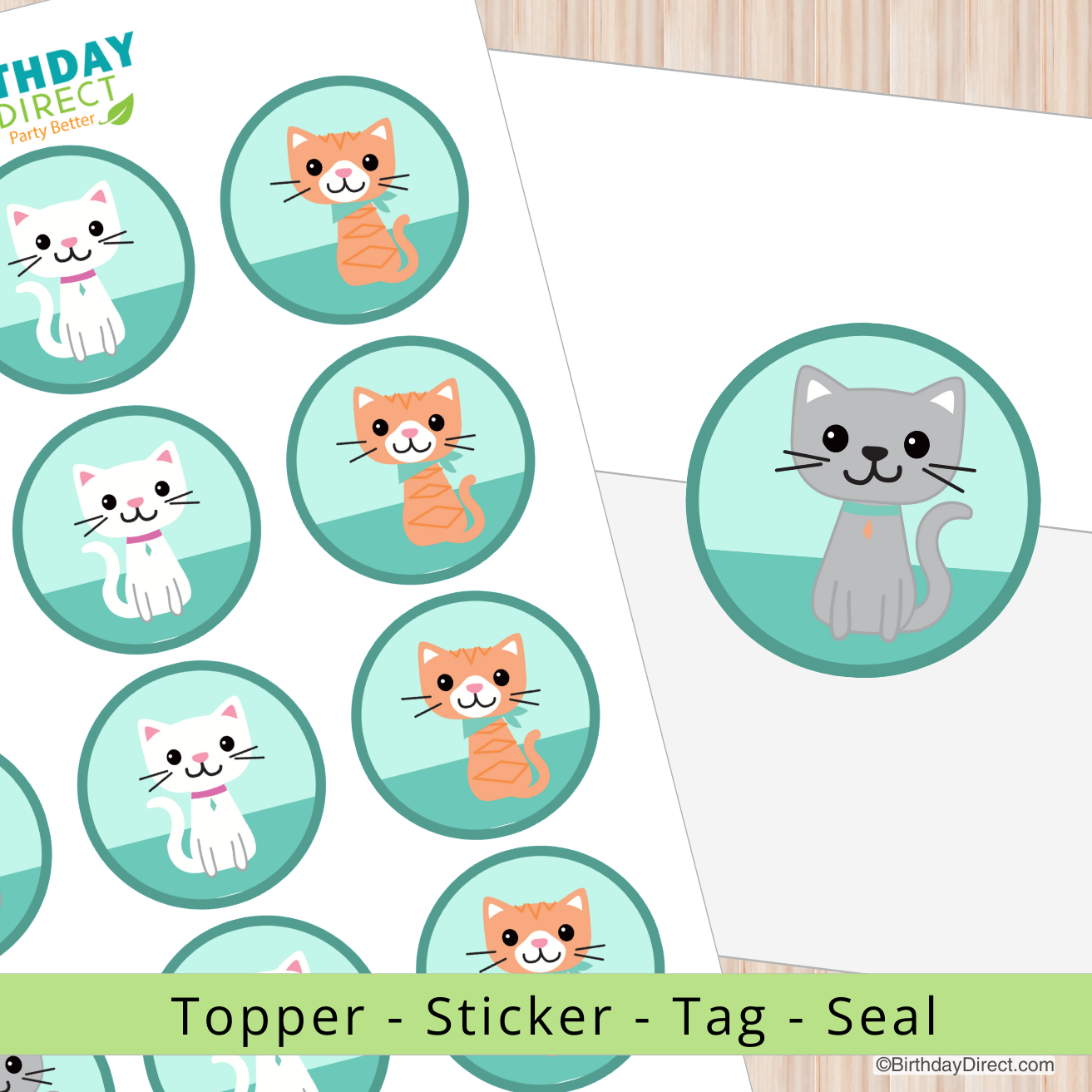 Cat-themed toppers, stickers, tags, and seals on a white background with 'Birthday Direct' branding.