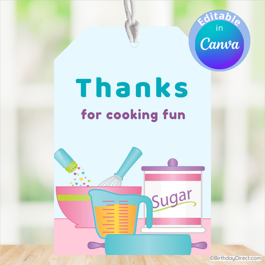 Colorful tag with kitchen utensils and 'Thanks for cooking fun' text on a blurred background