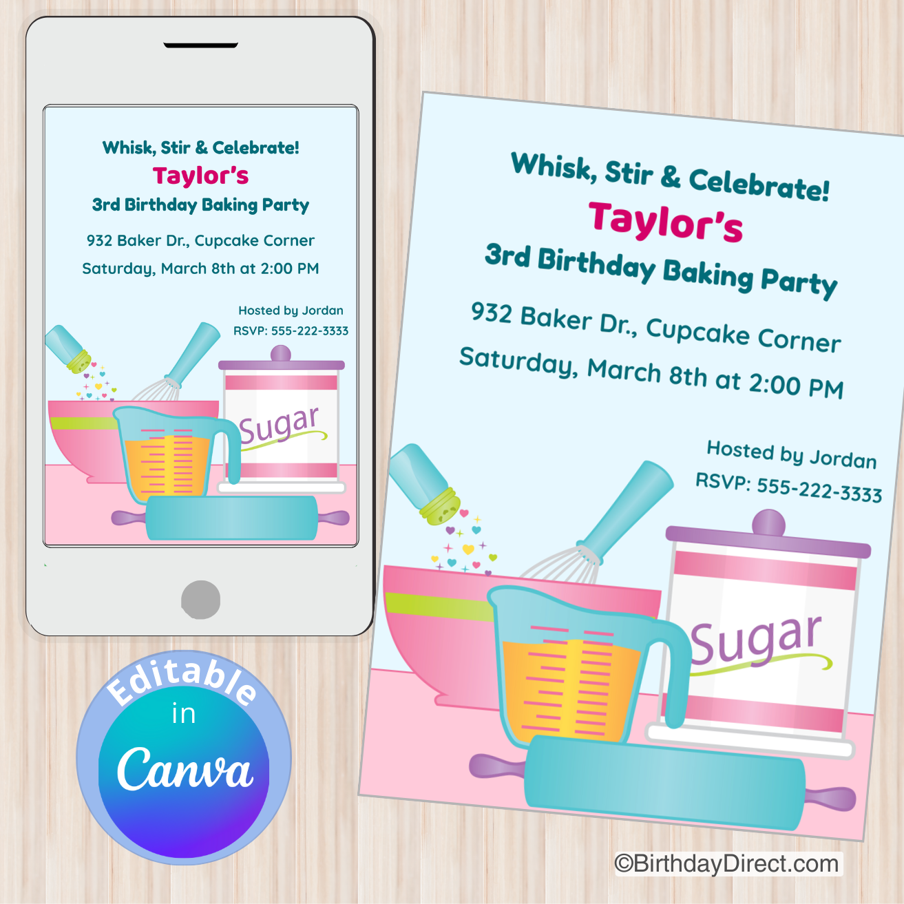 Birthday party invitation for a baking-themed party on a phone screen and paper.
