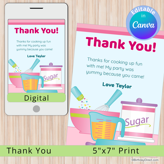 Digital and print party thank you cards with a kitchen-themed design on a wooden surface.
