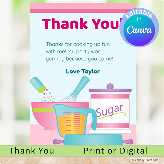 Thank you card with kitchen-themed illustration and editable text feature.