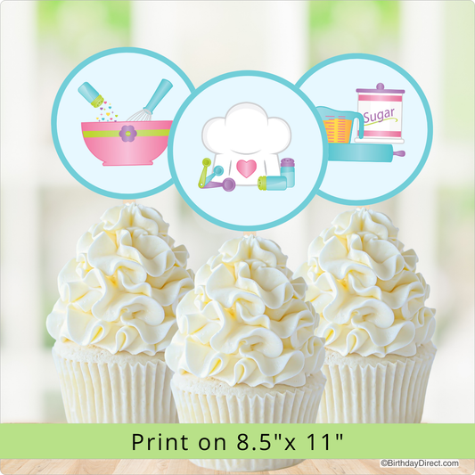 Decorative cupcakes with white frosting and three circular icons above them on a light background.