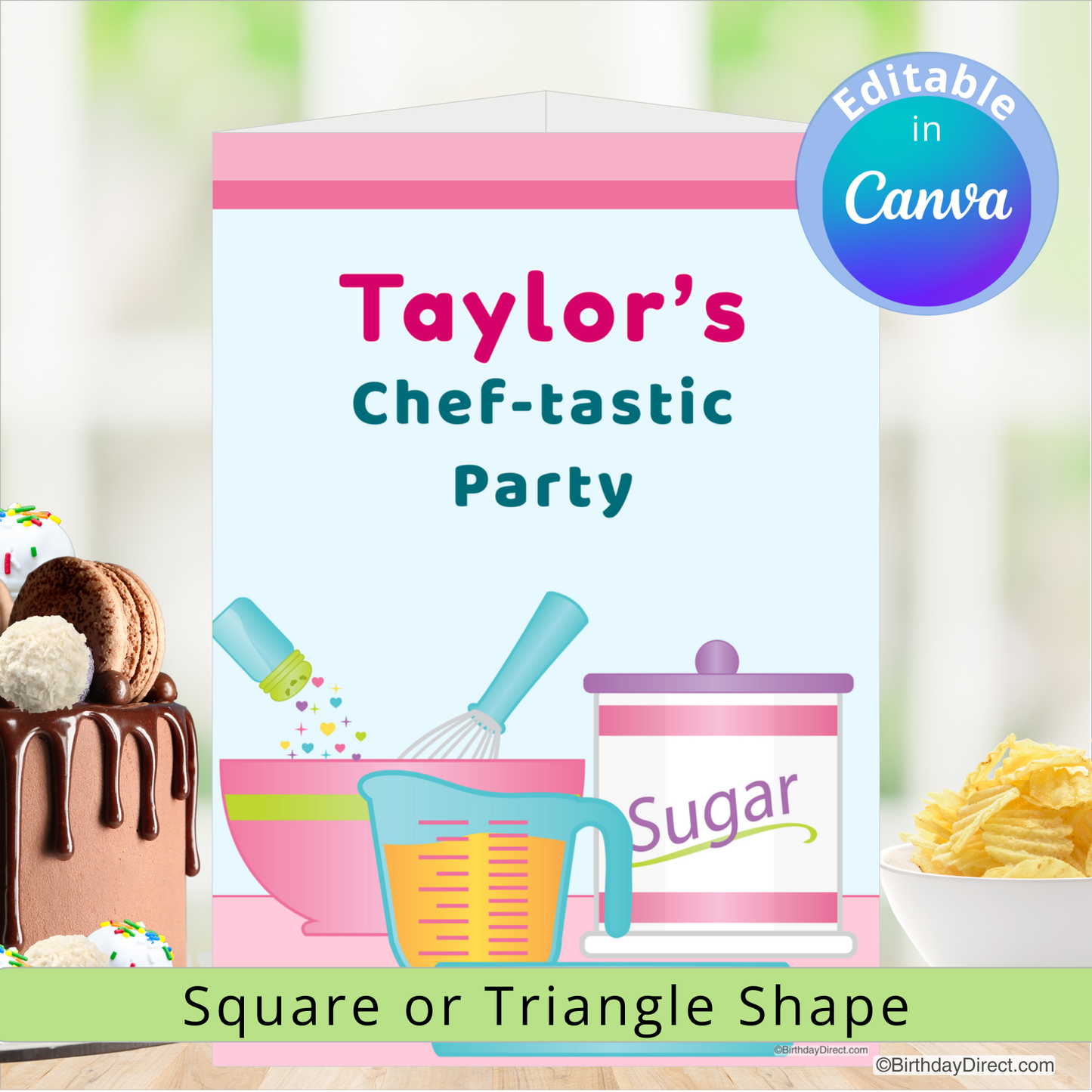 Birthday centerpiece decoration for 'Taylor's Chef-tastic Party' with kitchen-themed elements and an editable feature in Canva.