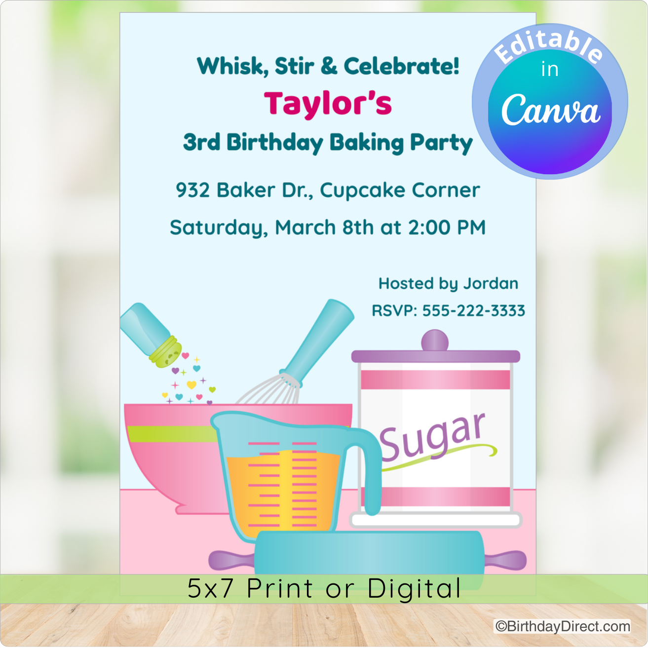 Birthday party invitation for a baking-themed party with kitchen utensils and a cupcake corner on a light background.