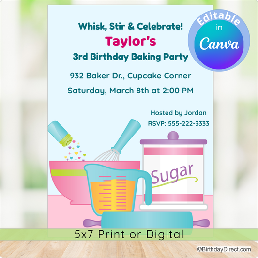 Birthday party invitation for a baking-themed party with kitchen utensils and a cupcake corner on a light background.