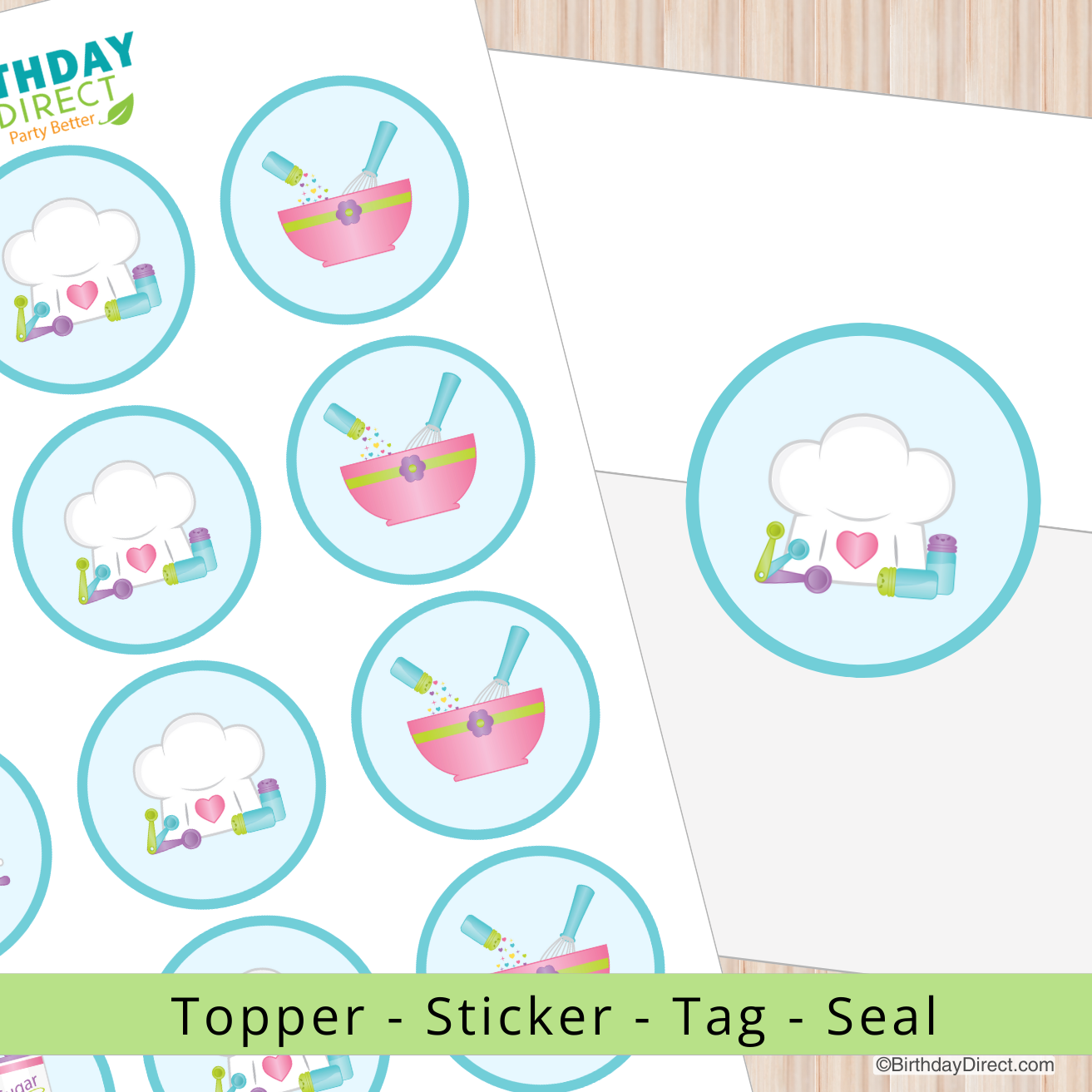 Colorful round stickers with cloud and bowl design on a white background, branded 'Birthday Direct'.