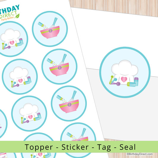 Colorful round stickers with cloud and bowl design on a white background, branded 'Birthday Direct'.