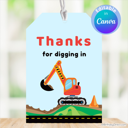 Gift tag with an excavator illustration and text 'Thanks for digging in' on a light blue background.