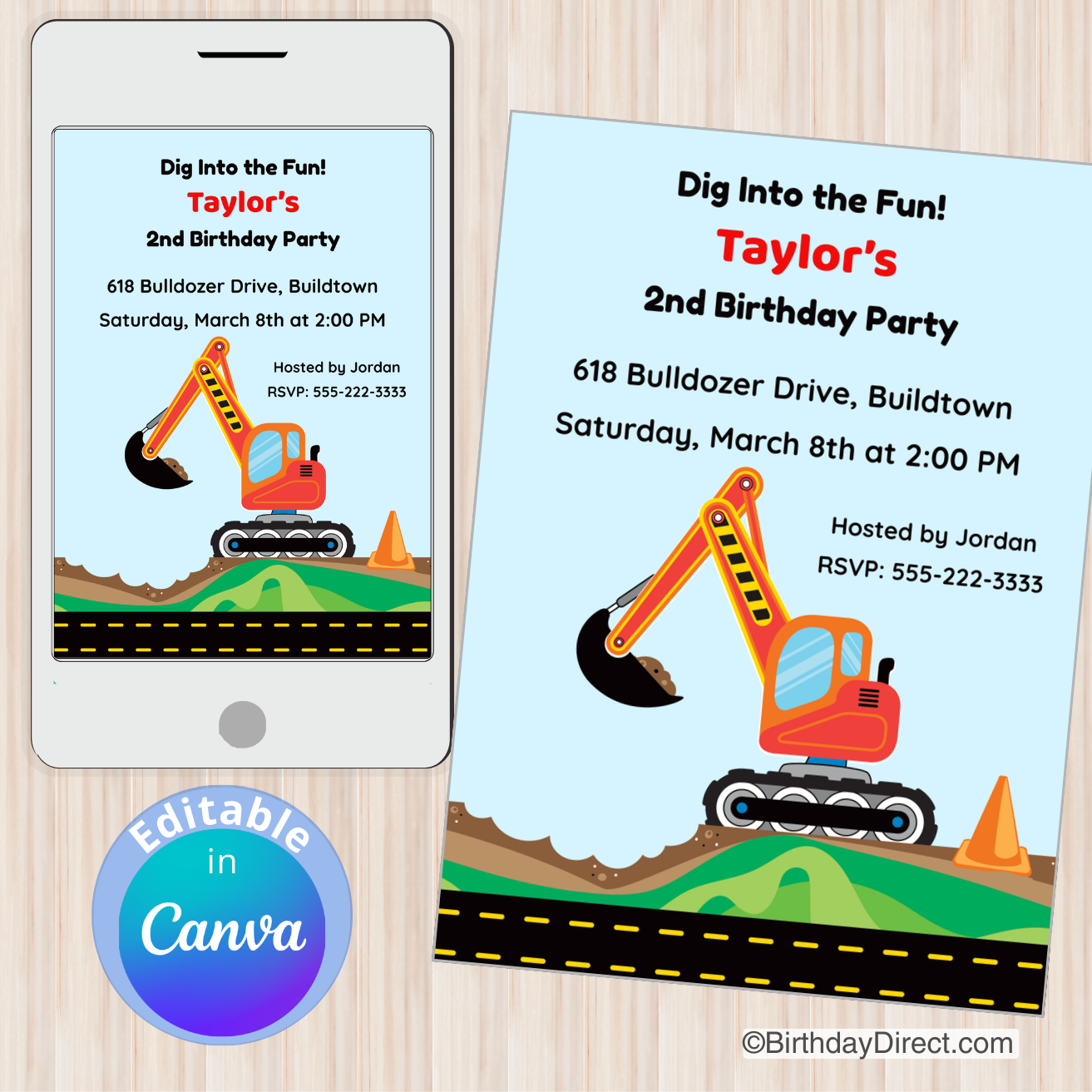 Birthday party invitation with excavator graphic on a smartphone and paper