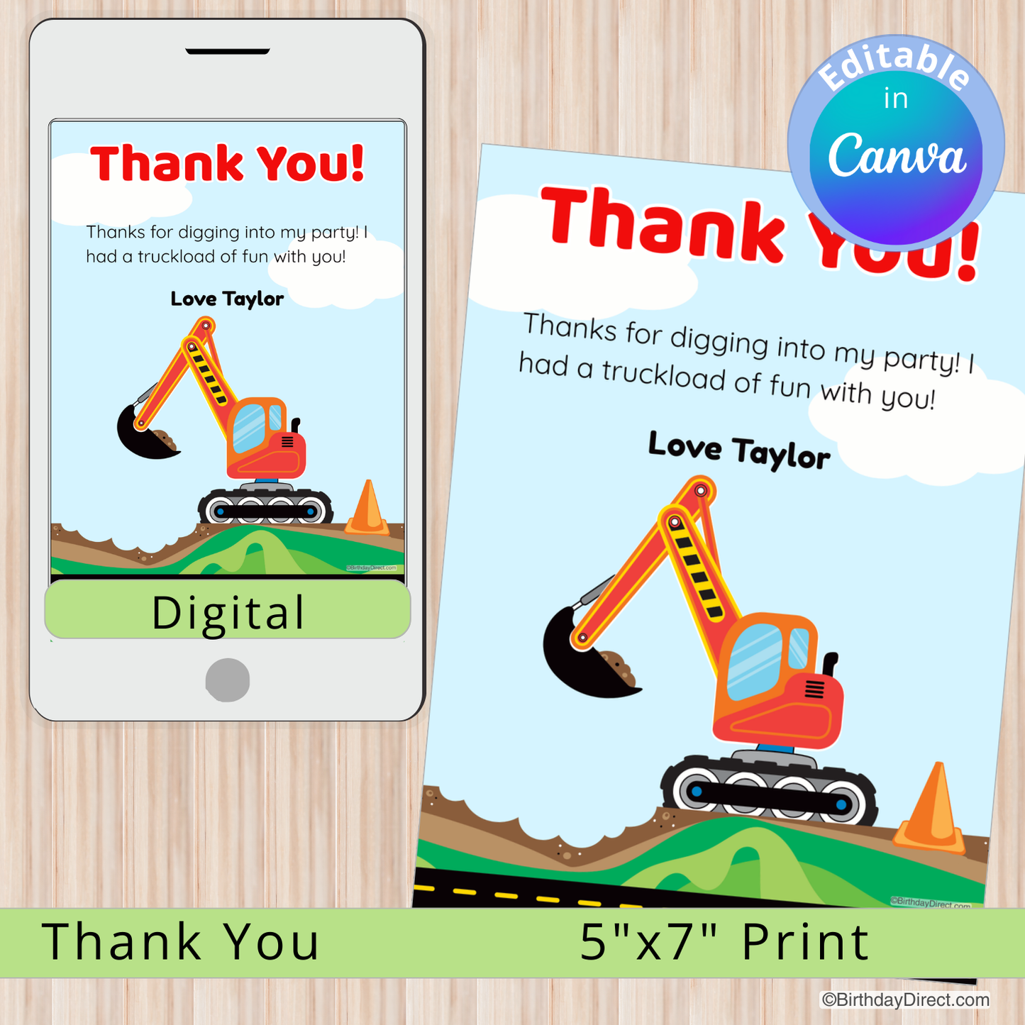 Children's party thank you card with excavator illustration on a phone and paper display.