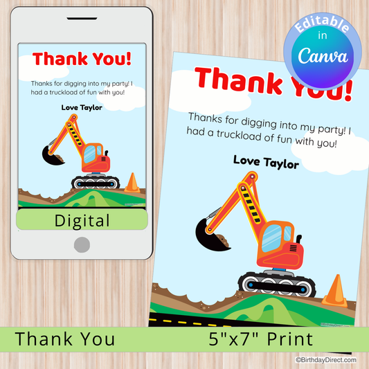 Children's party thank you card with excavator illustration on a phone and paper display.
